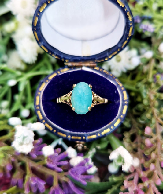 Vintage 1973 9ct Yellow Gold Blue Turquoise Solitaire Ring / Size M or 6.5