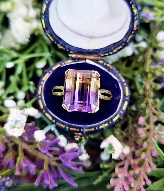 Vintage 9ct Yellow Gold Large Ametrine Gemstone Statement Solitaire Ring / Size S 1/2 or 9.75