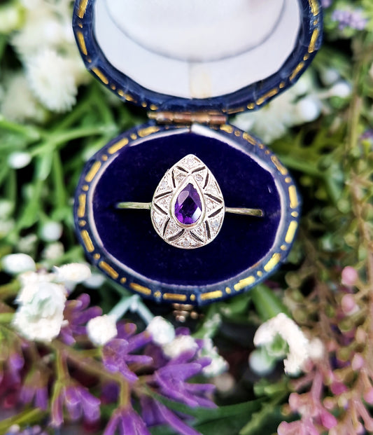Vintage 9ct White Gold Amethyst and Diamond Teardrop Star Cluster Ring / Size S 1/2 or 9.75