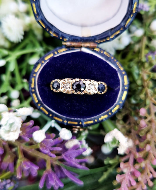 Vintage 1976 9ct Gold Victorian Style Ornate Sapphire and Diamond Trilogy Ring / Size K or 5.5