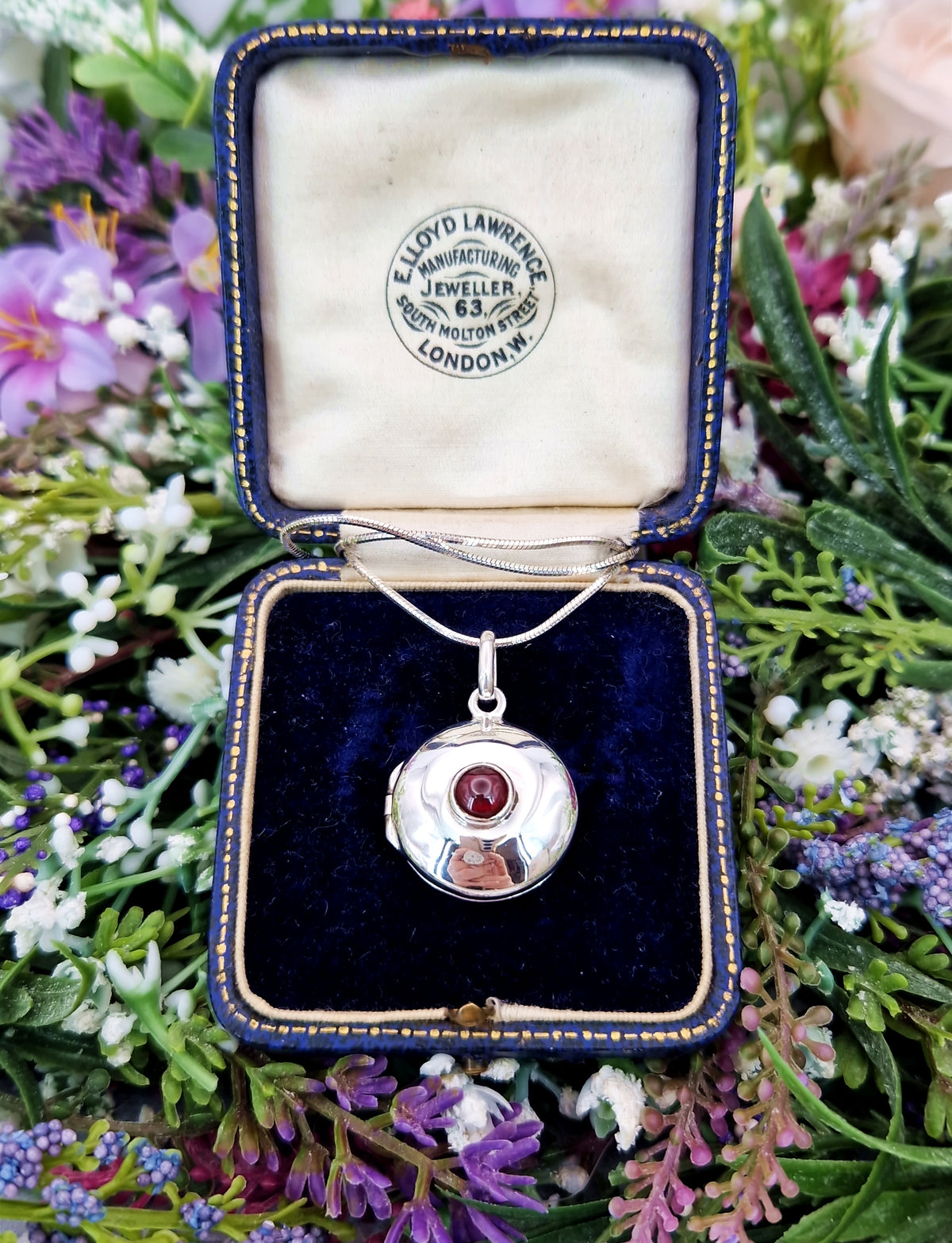 Vintage Sterling Silver Garnet Cabochon Ornate Round Statement Locket Pendant Necklace
