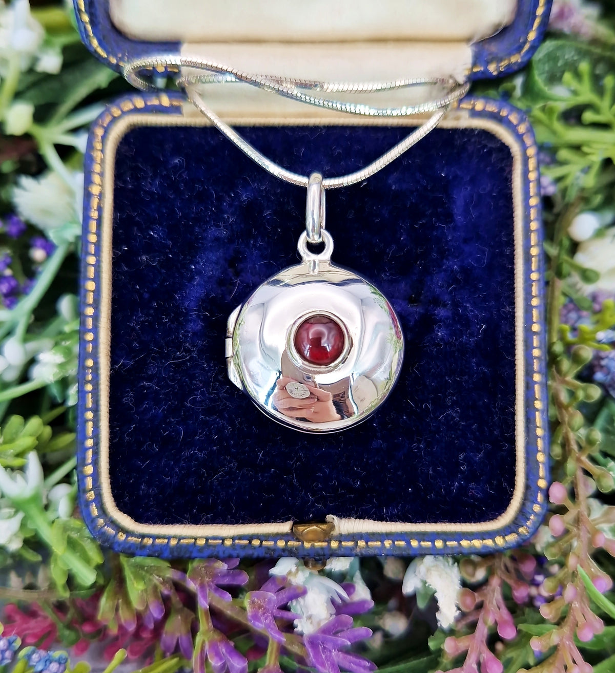 Vintage Sterling Silver Garnet Cabochon Ornate Round Statement Locket Pendant Necklace
