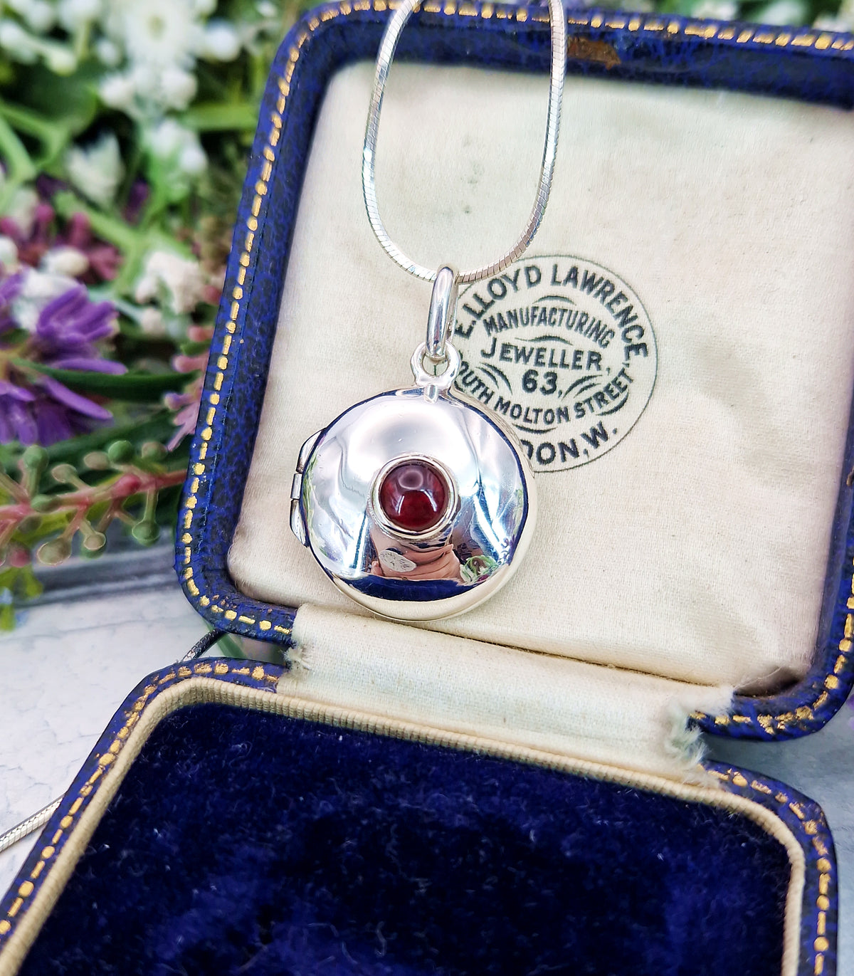 Vintage Sterling Silver Garnet Cabochon Ornate Round Statement Locket Pendant Necklace