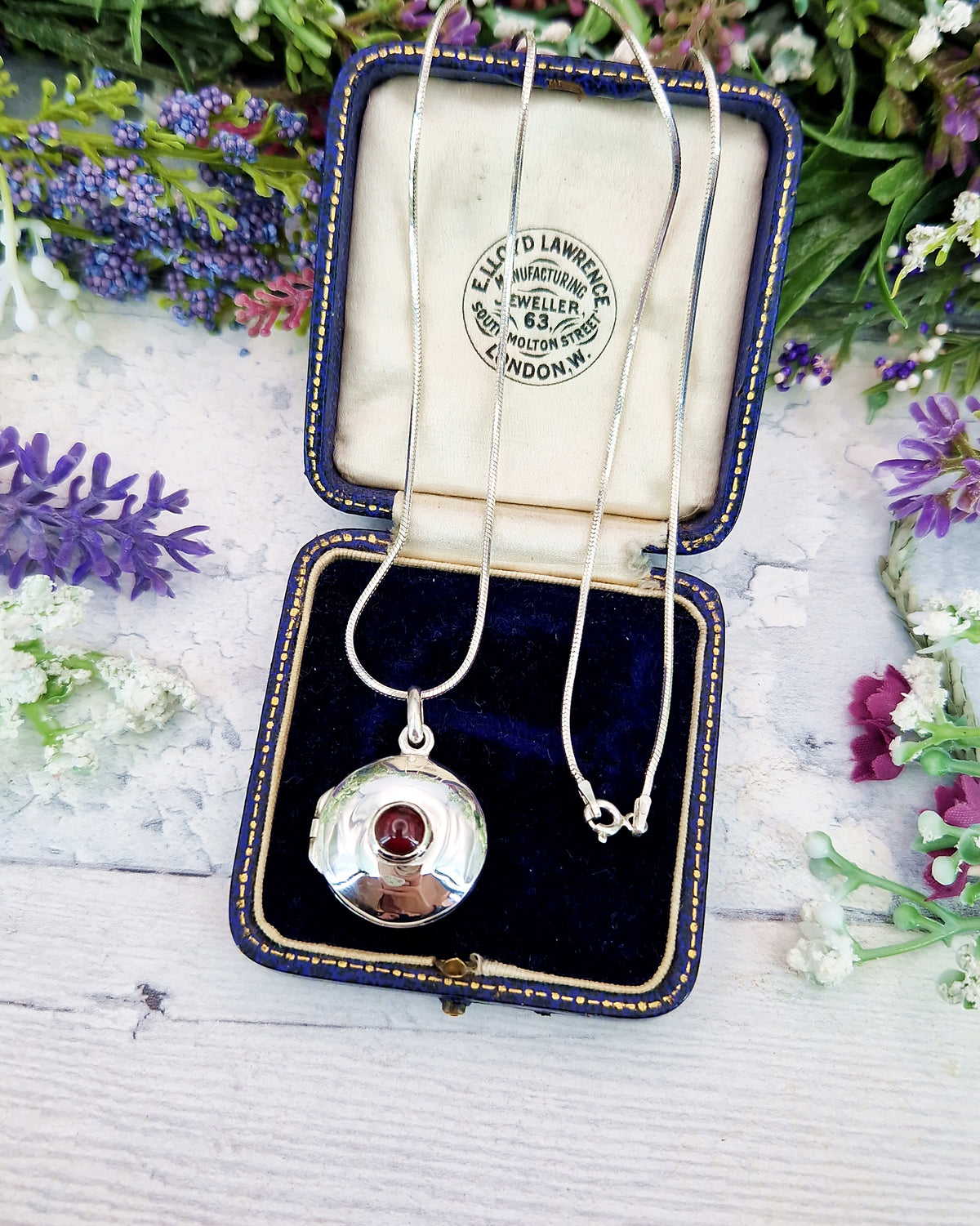 Vintage Sterling Silver Garnet Cabochon Ornate Round Statement Locket Pendant Necklace