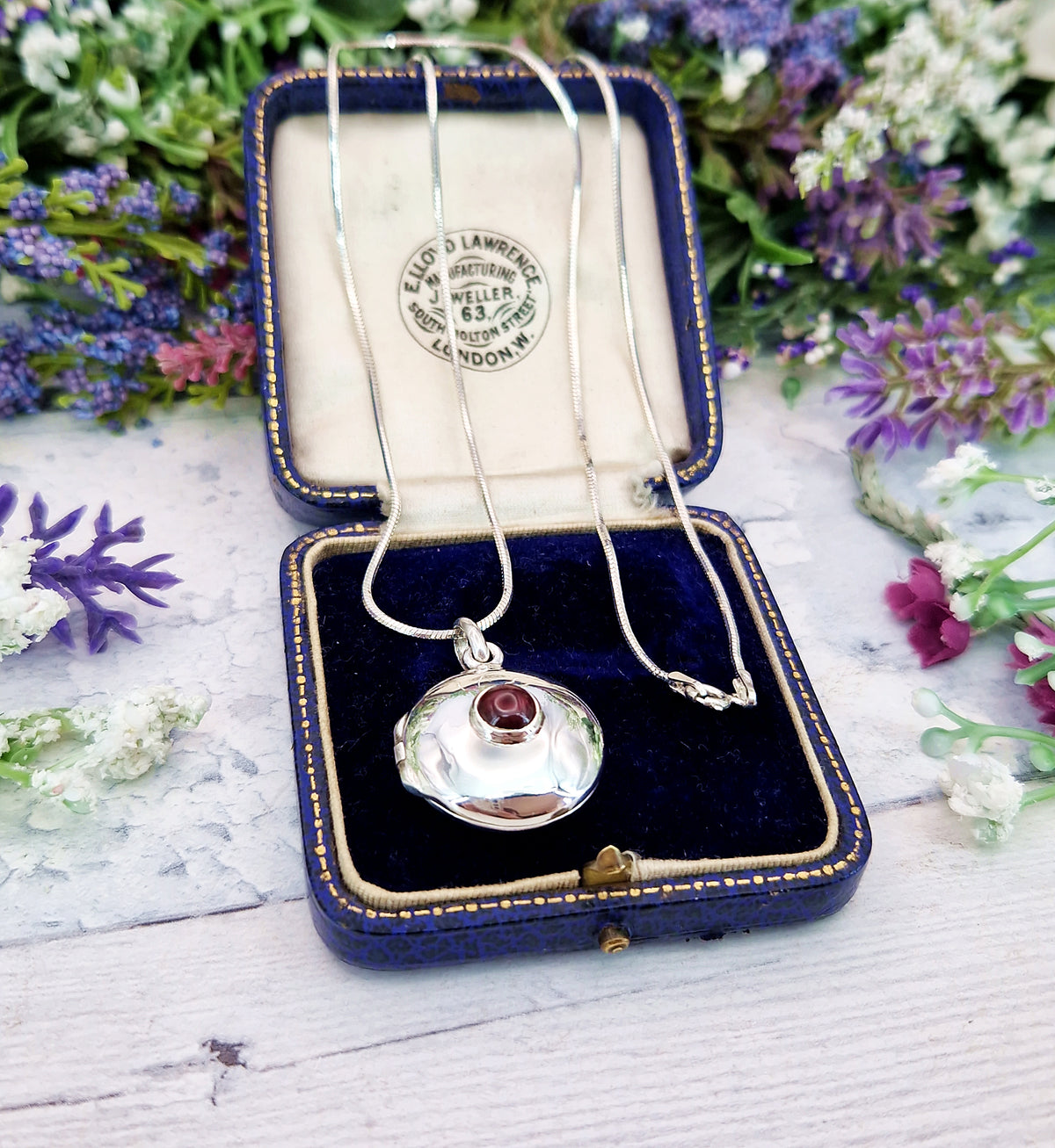 Vintage Sterling Silver Garnet Cabochon Ornate Round Statement Locket Pendant Necklace