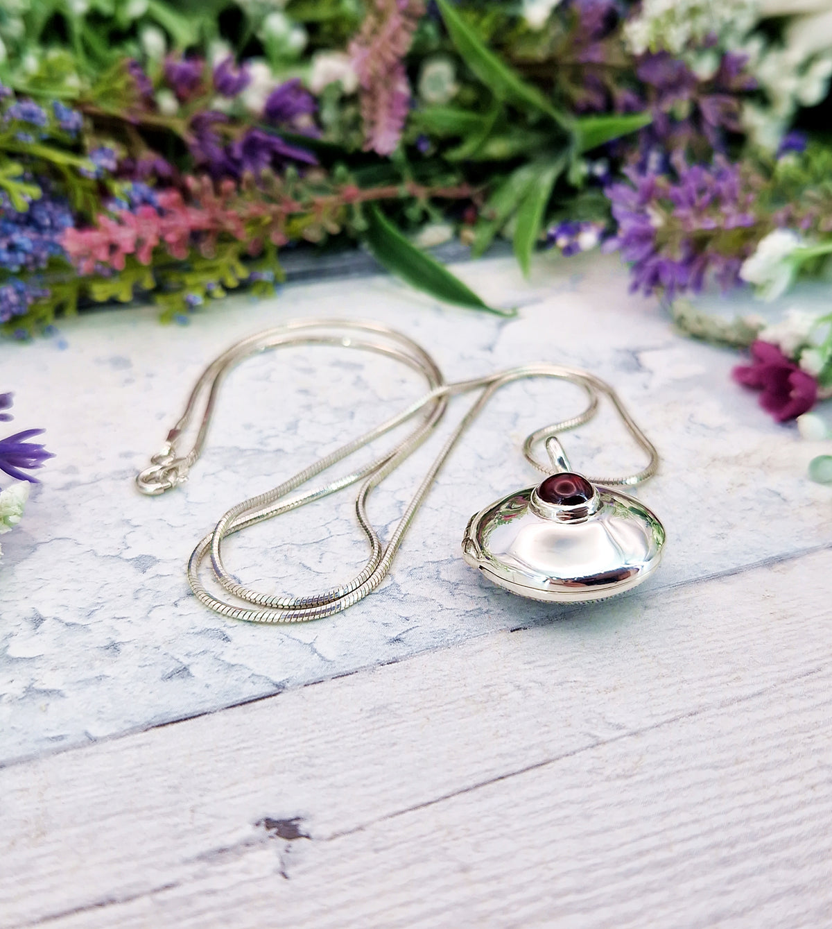 Vintage Sterling Silver Garnet Cabochon Ornate Round Statement Locket Pendant Necklace