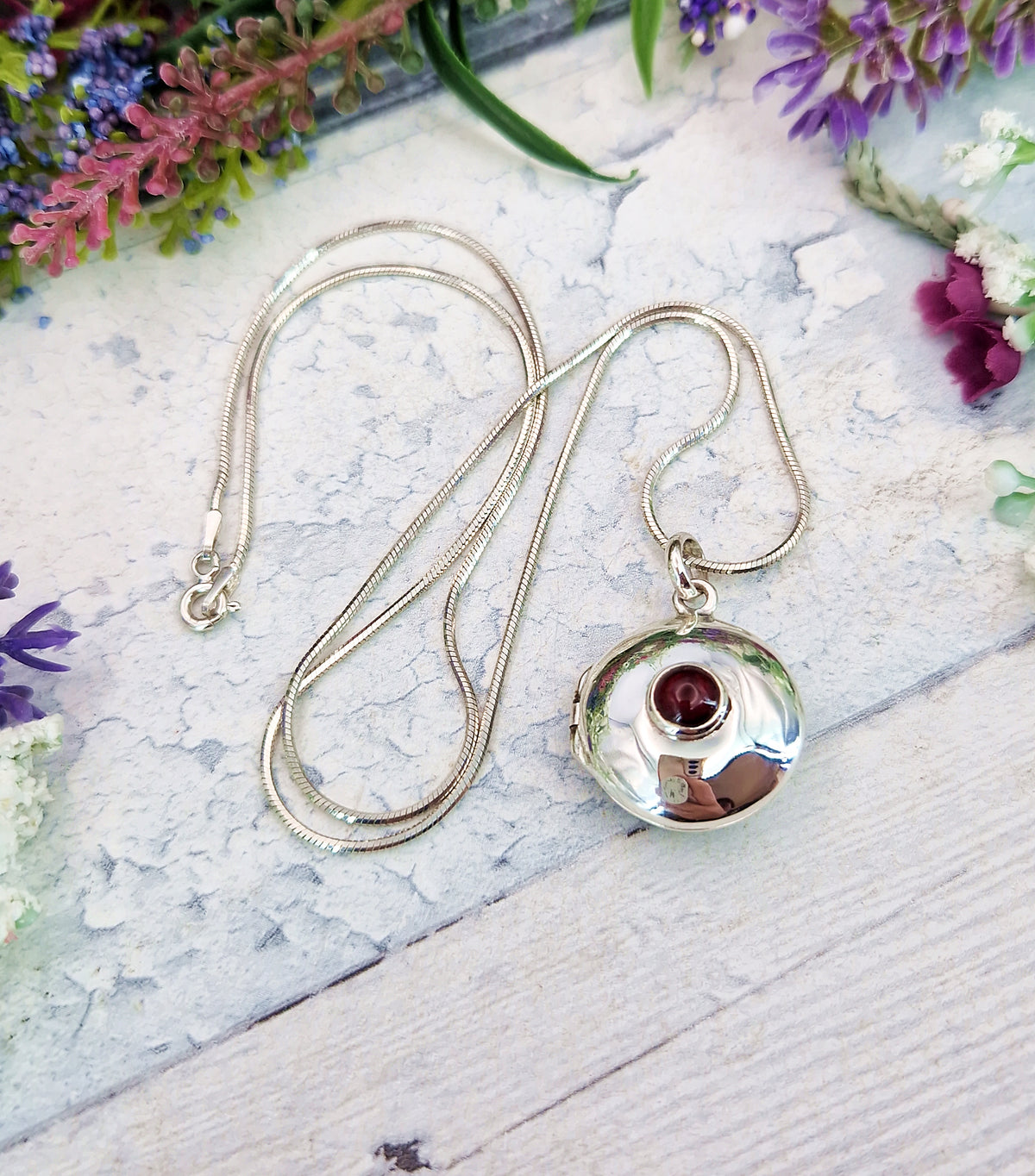 Vintage Sterling Silver Garnet Cabochon Ornate Round Statement Locket Pendant Necklace