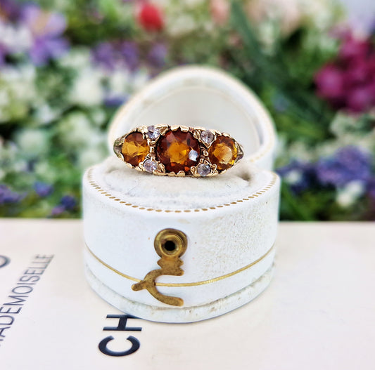 Vintage 9ct Yellow Gold Ornate Madeira Citrine and White Spinel Trilogy Ring / Size O or 7.5