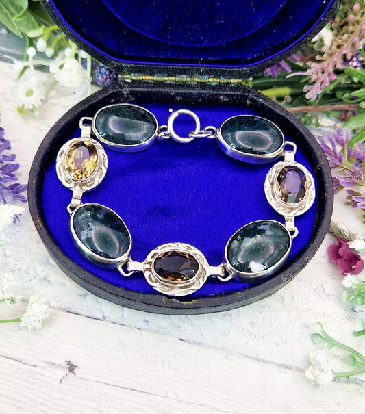 Vintage Sterling Silver Scottish Citrine, Smoky Quartz and Moss Statement Bracelet
