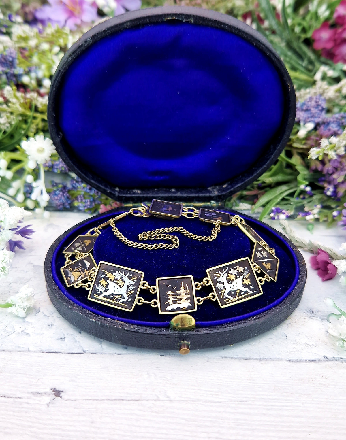 Vintage Japanease Damascene Gold Tone Black Panel Bracelet with Deer and Butterflies