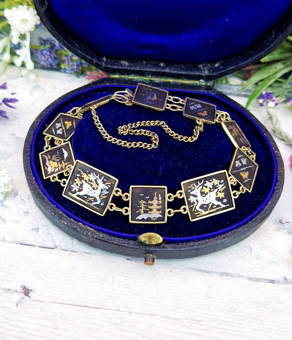 Vintage Japanease Damascene Gold Tone Black Panel Bracelet with Deer and Butterflies