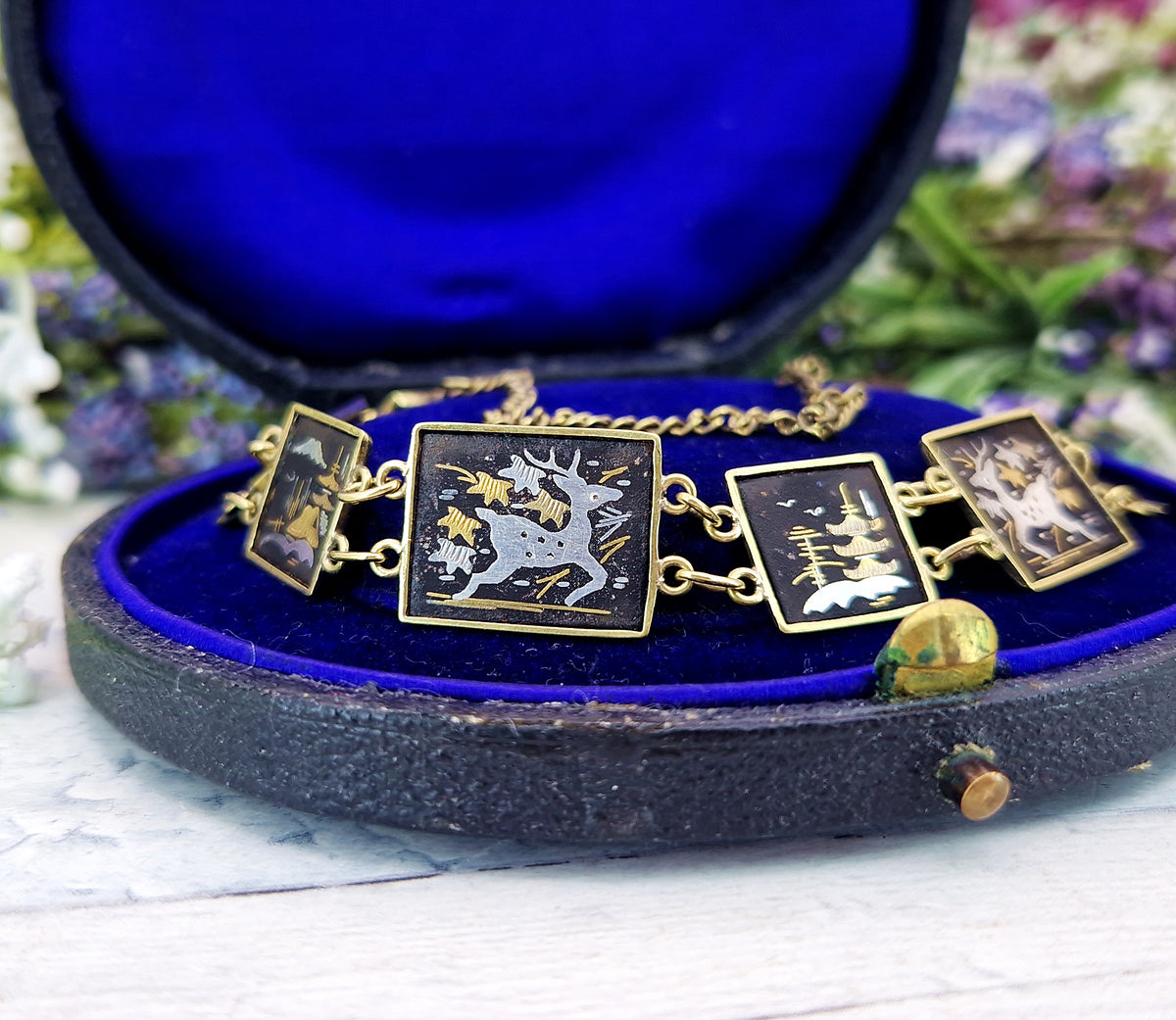 Vintage Japanease Damascene Gold Tone Black Panel Bracelet with Deer and Butterflies