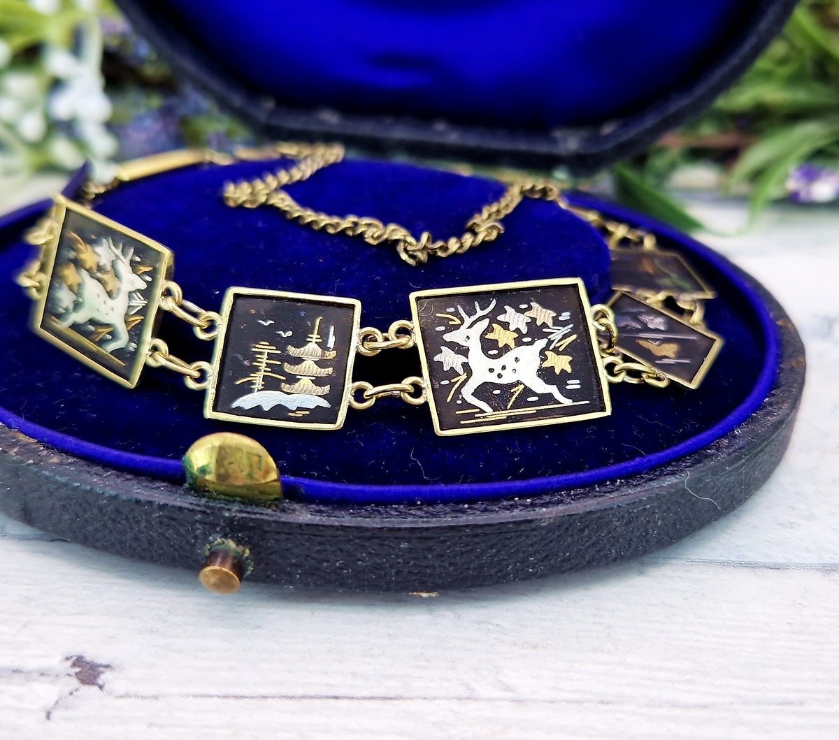 Vintage Japanease Damascene Gold Tone Black Panel Bracelet with Deer and Butterflies