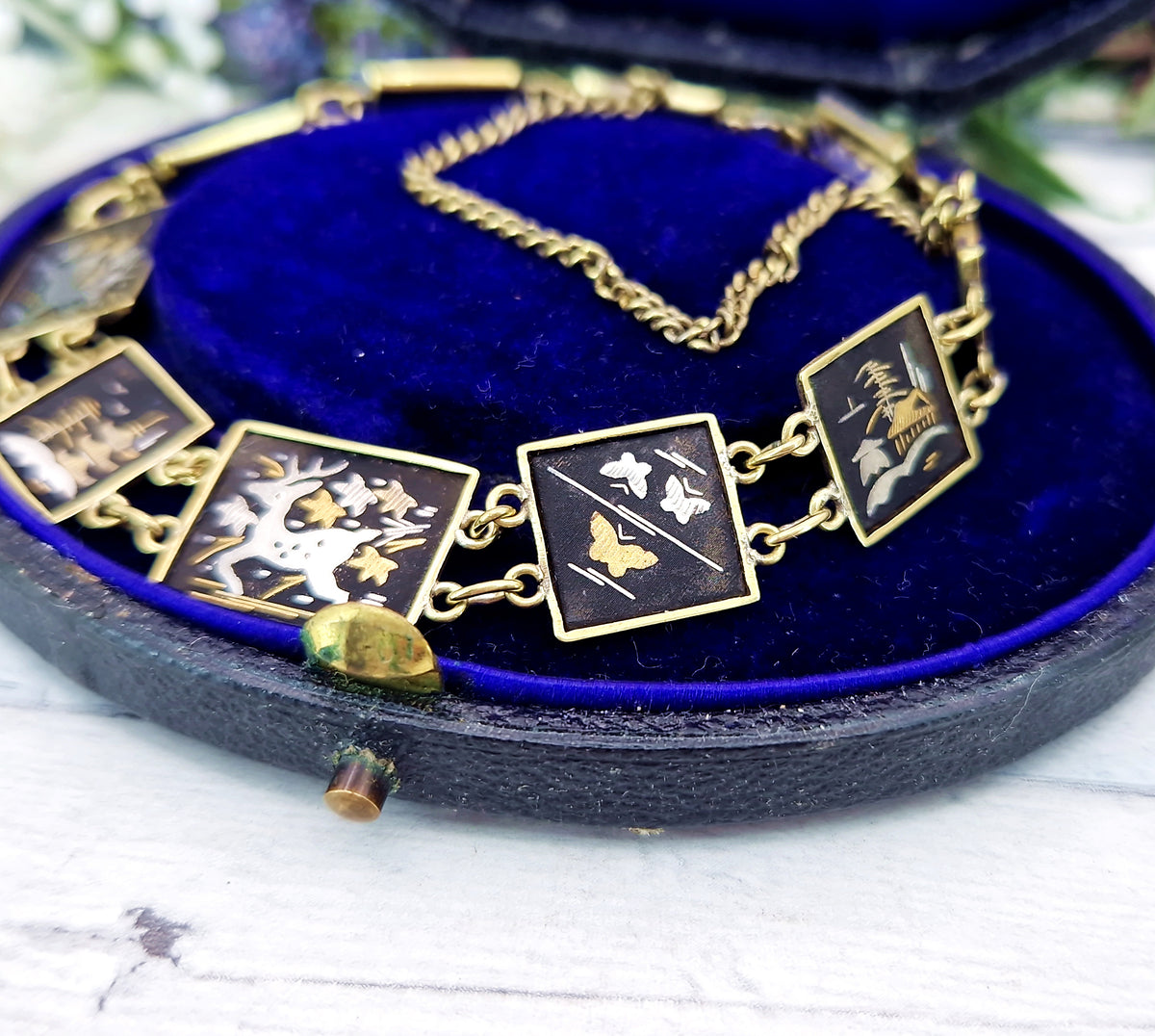 Vintage Japanease Damascene Gold Tone Black Panel Bracelet with Deer and Butterflies
