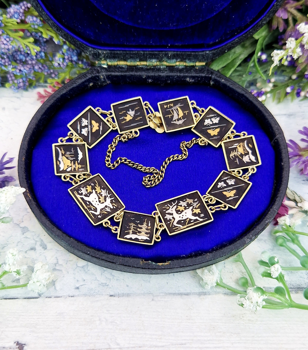 Vintage Japanease Damascene Gold Tone Black Panel Bracelet with Deer and Butterflies