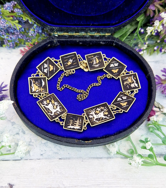 Vintage Japanease Damascene Gold Tone Black Panel Bracelet with Deer and Butterflies