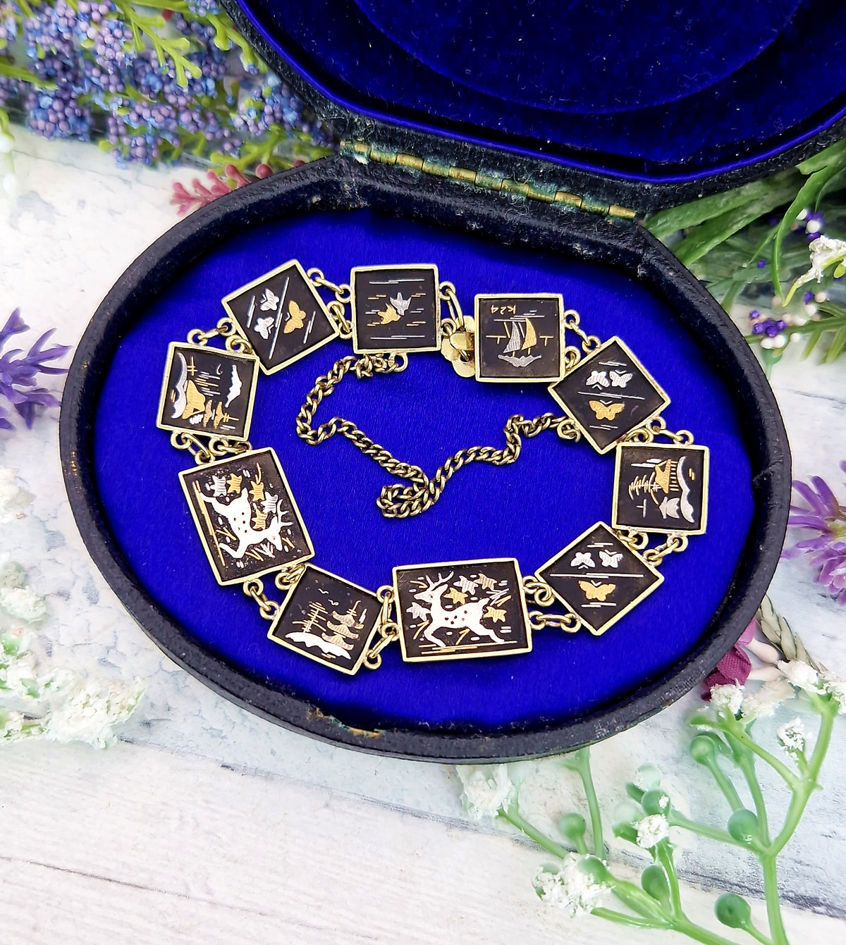 Vintage Japanease Damascene Gold Tone Black Panel Bracelet with Deer and Butterflies