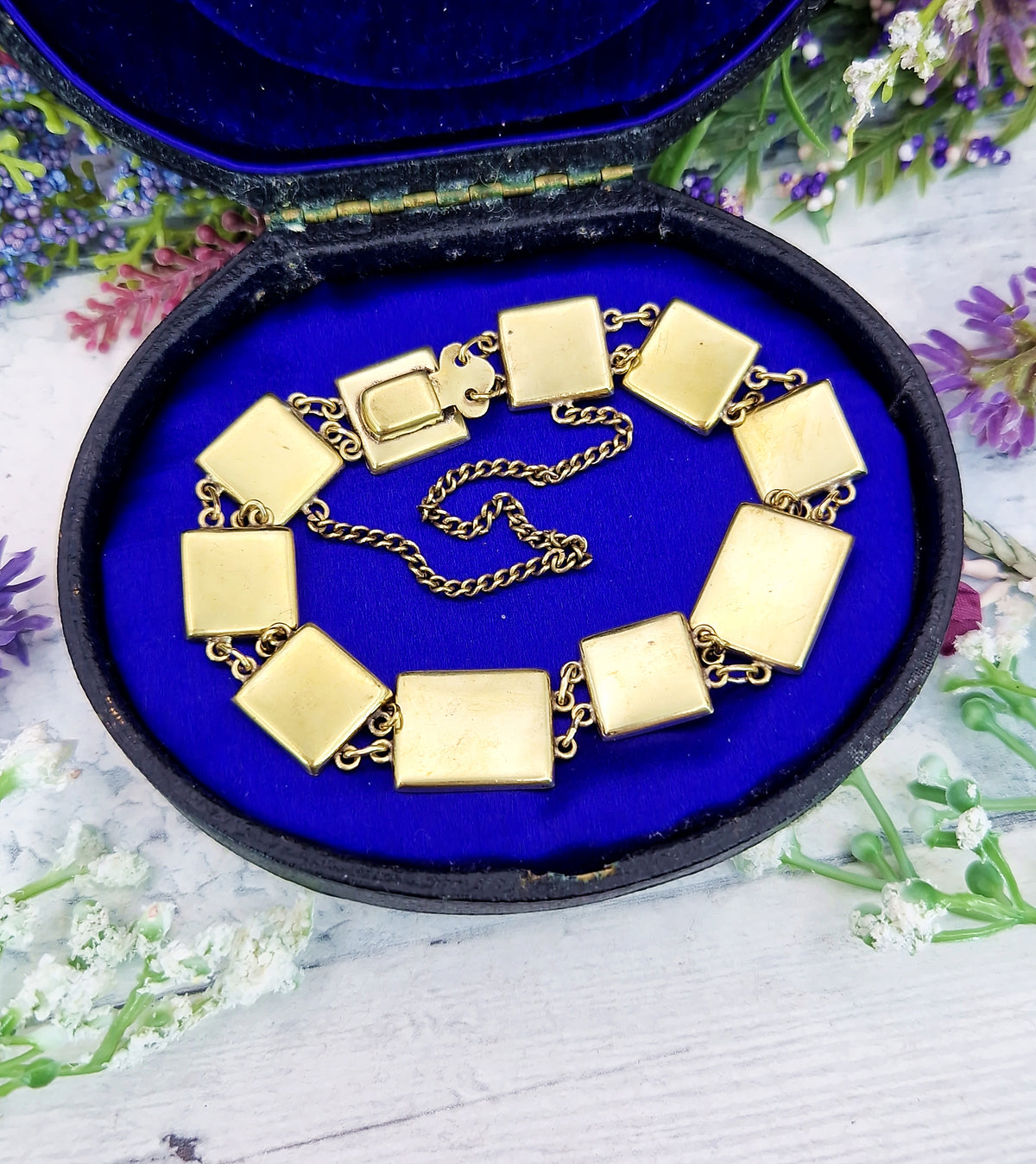 Vintage Japanease Damascene Gold Tone Black Panel Bracelet with Deer and Butterflies