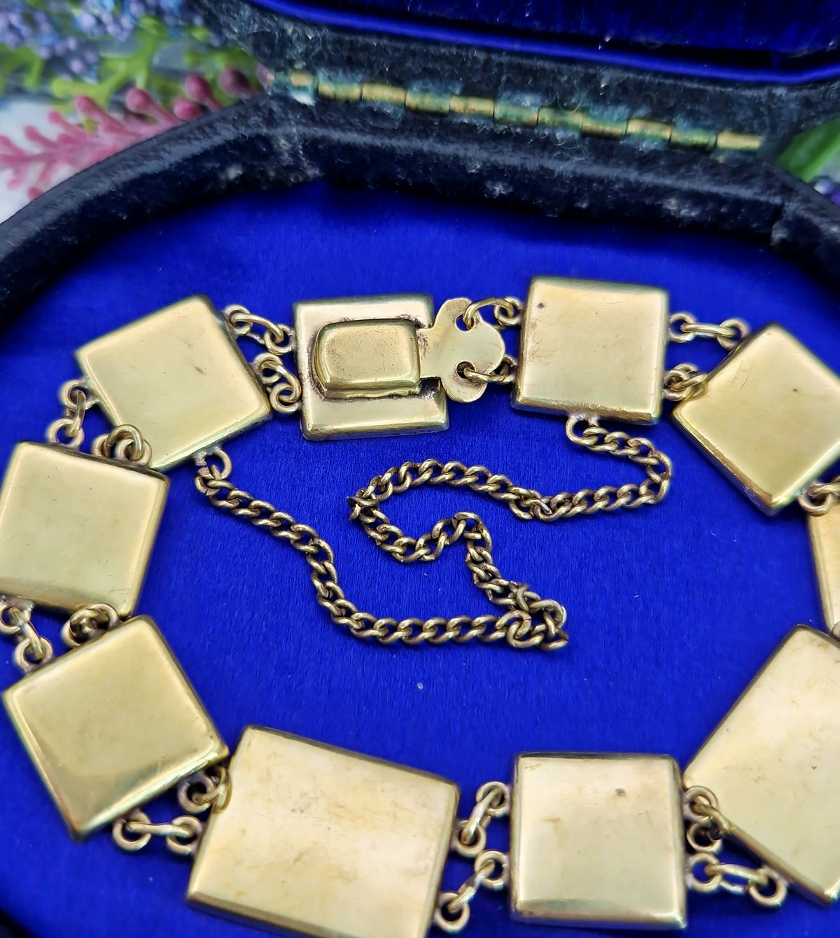 Vintage Japanease Damascene Gold Tone Black Panel Bracelet with Deer and Butterflies