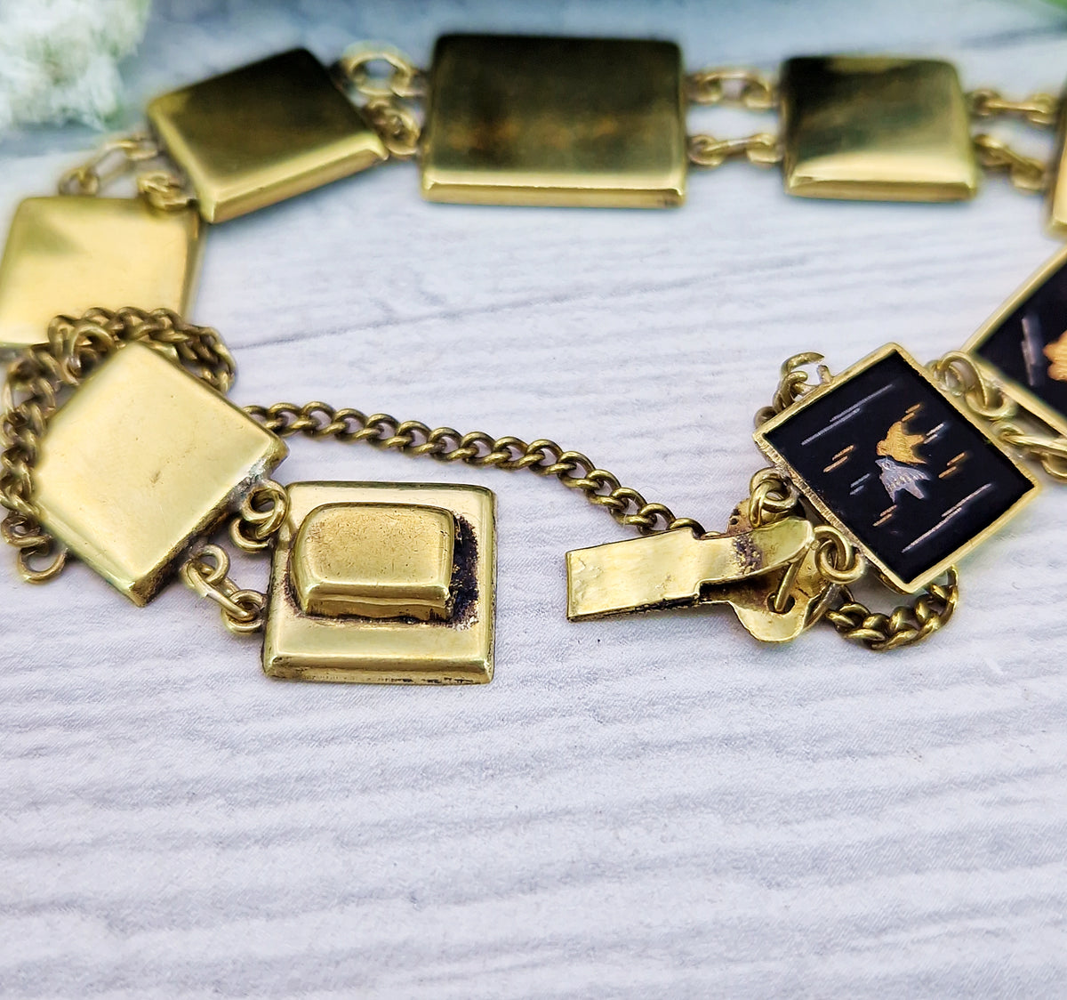 Vintage Japanease Damascene Gold Tone Black Panel Bracelet with Deer and Butterflies