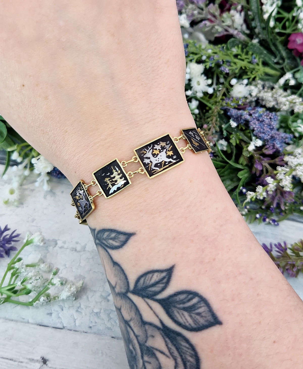 Vintage Japanease Damascene Gold Tone Black Panel Bracelet with Deer and Butterflies