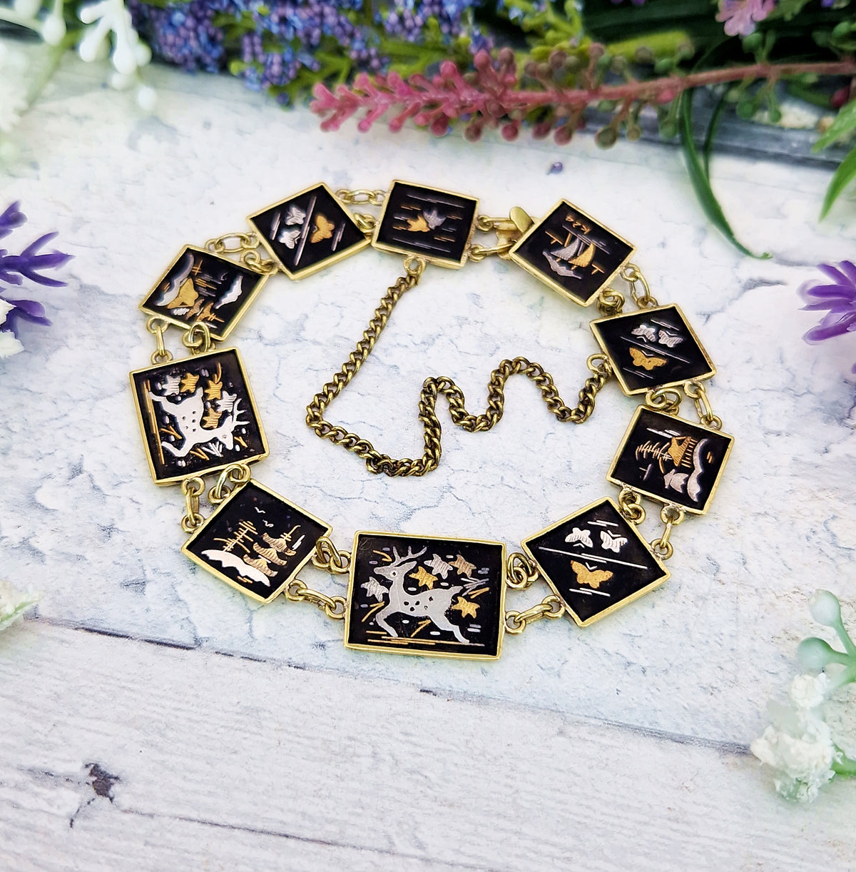 Vintage Japanease Damascene Gold Tone Black Panel Bracelet with Deer and Butterflies