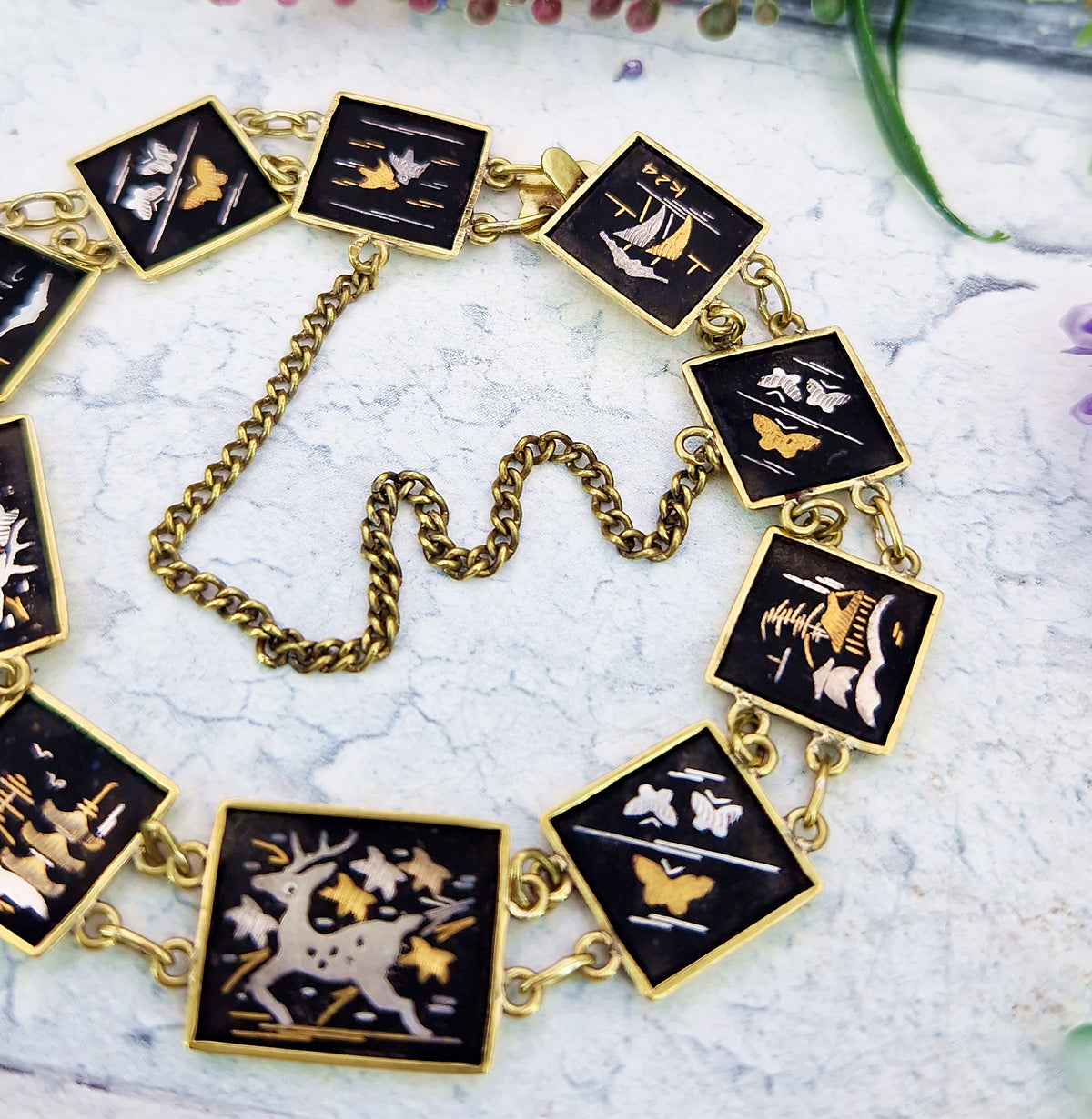 Vintage Japanease Damascene Gold Tone Black Panel Bracelet with Deer and Butterflies