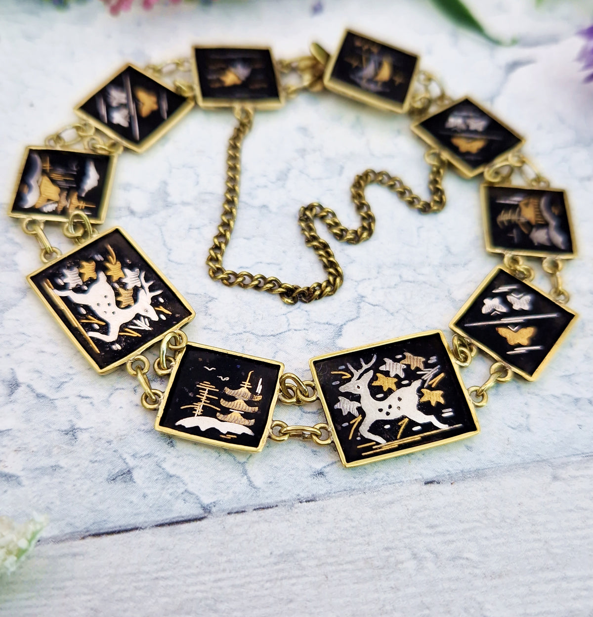 Vintage Japanease Damascene Gold Tone Black Panel Bracelet with Deer and Butterflies