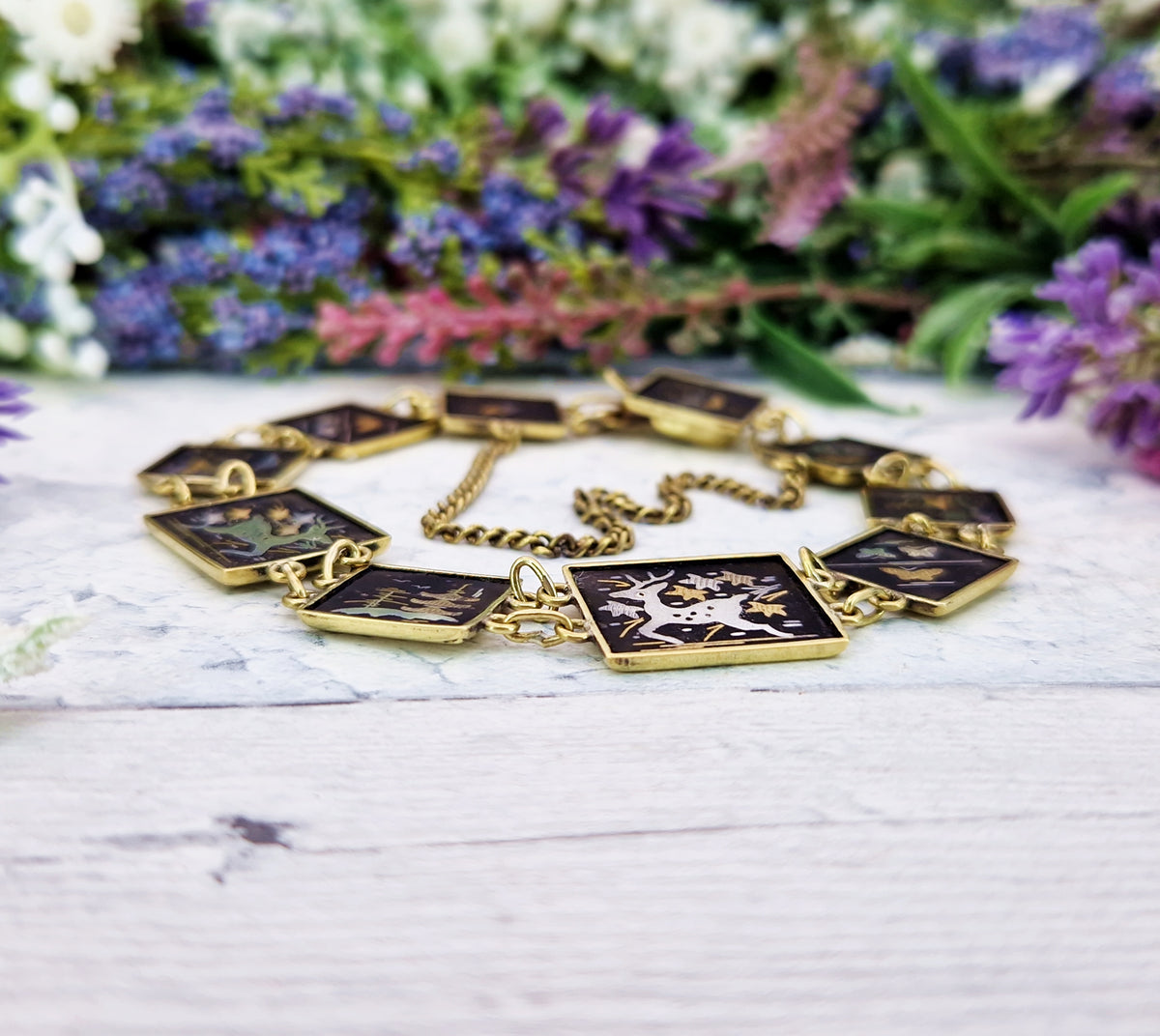 Vintage Japanease Damascene Gold Tone Black Panel Bracelet with Deer and Butterflies
