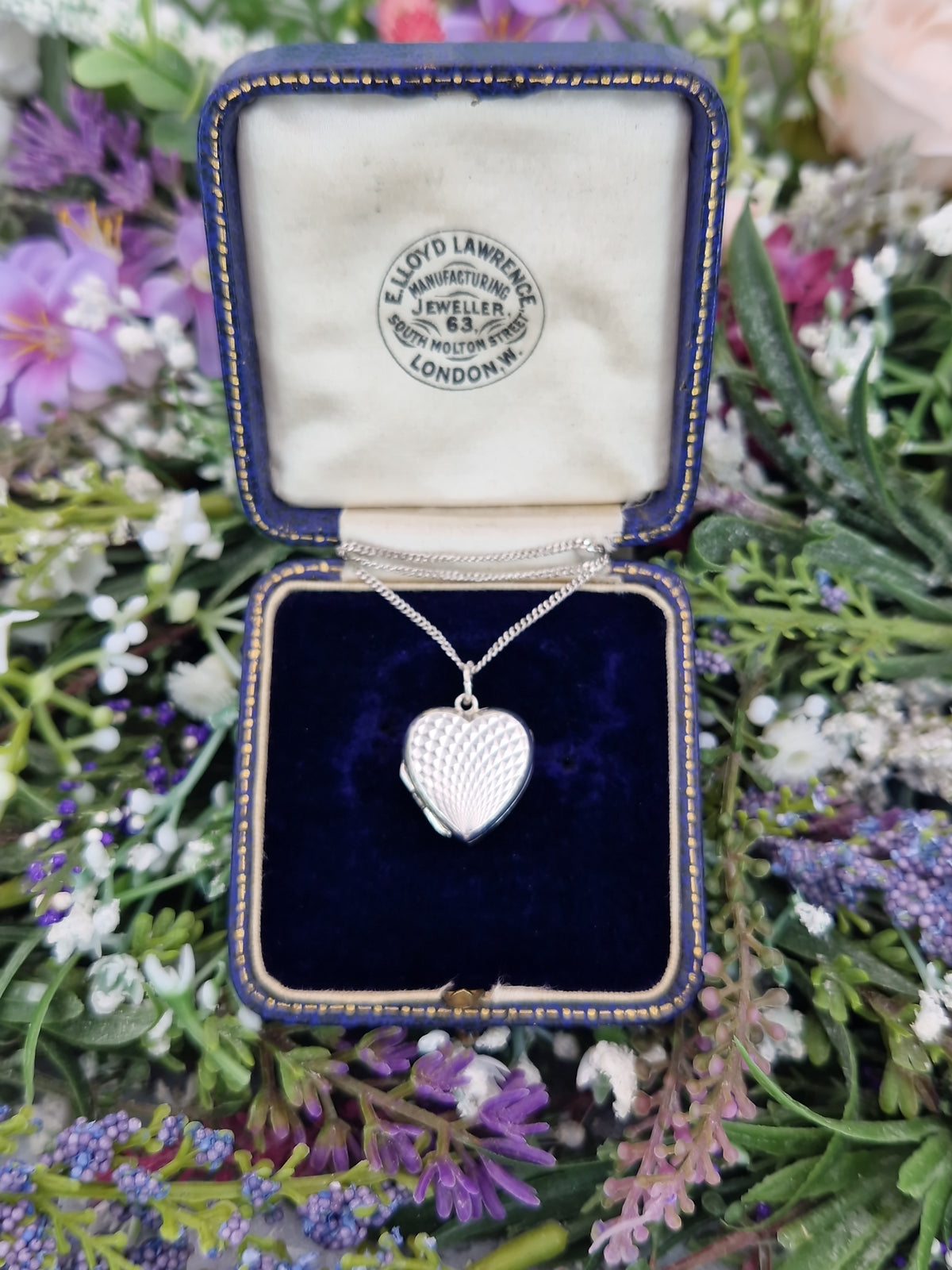 Antique Art Deco Sterling Silver Diamond Cut Checkered Love Heart Locket Pendant Necklace
