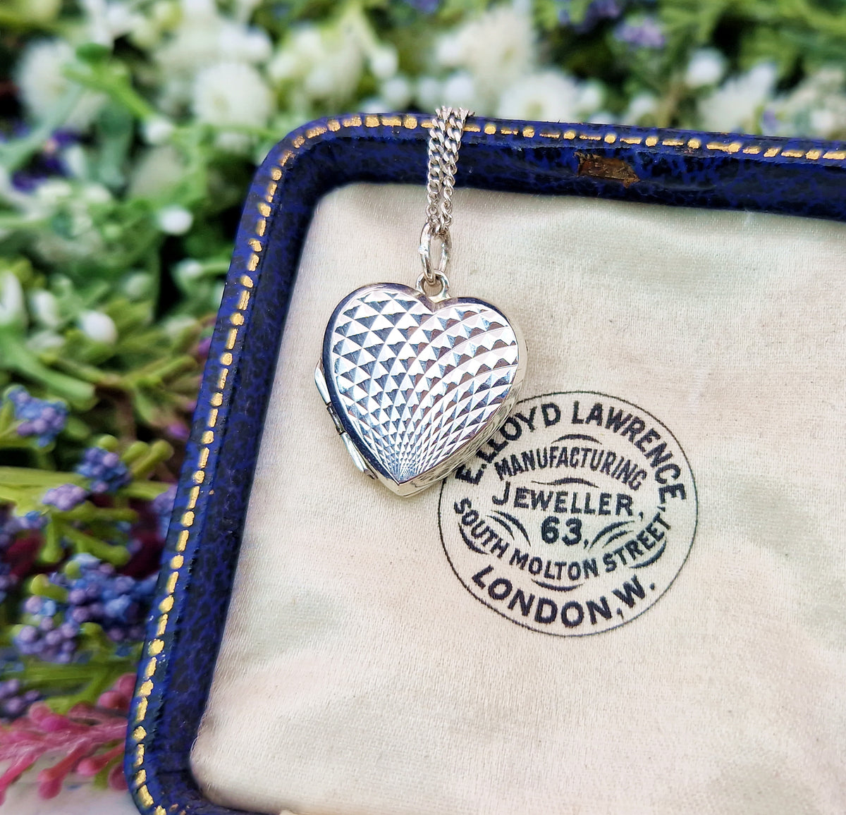 Antique Art Deco Sterling Silver Diamond Cut Checkered Love Heart Locket Pendant Necklace