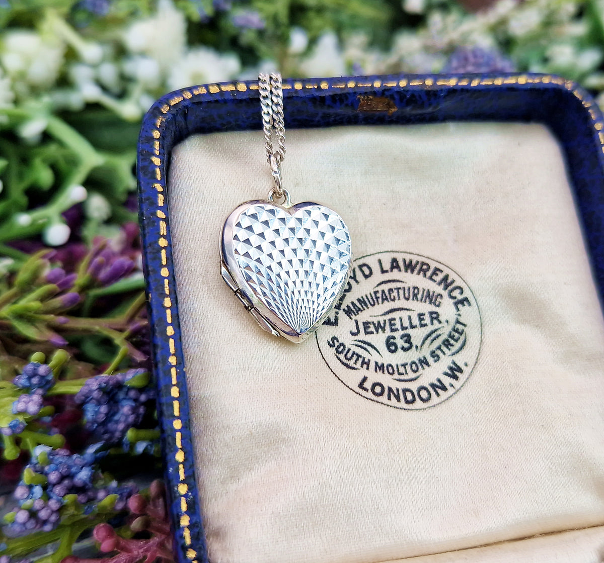 Antique Art Deco Sterling Silver Diamond Cut Checkered Love Heart Locket Pendant Necklace