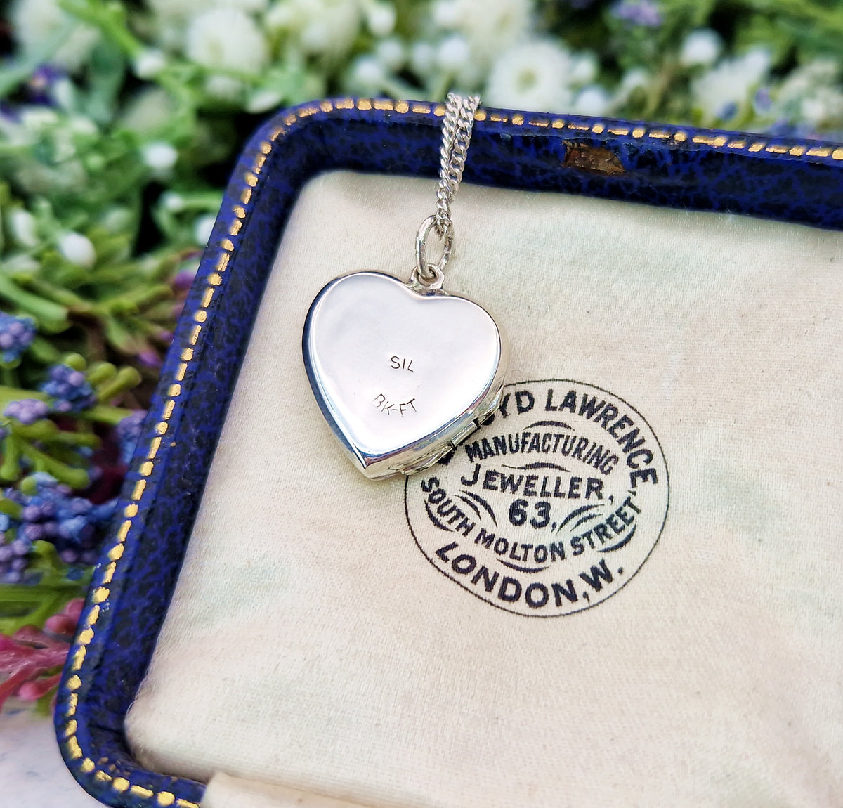 Antique Art Deco Sterling Silver Diamond Cut Checkered Love Heart Locket Pendant Necklace