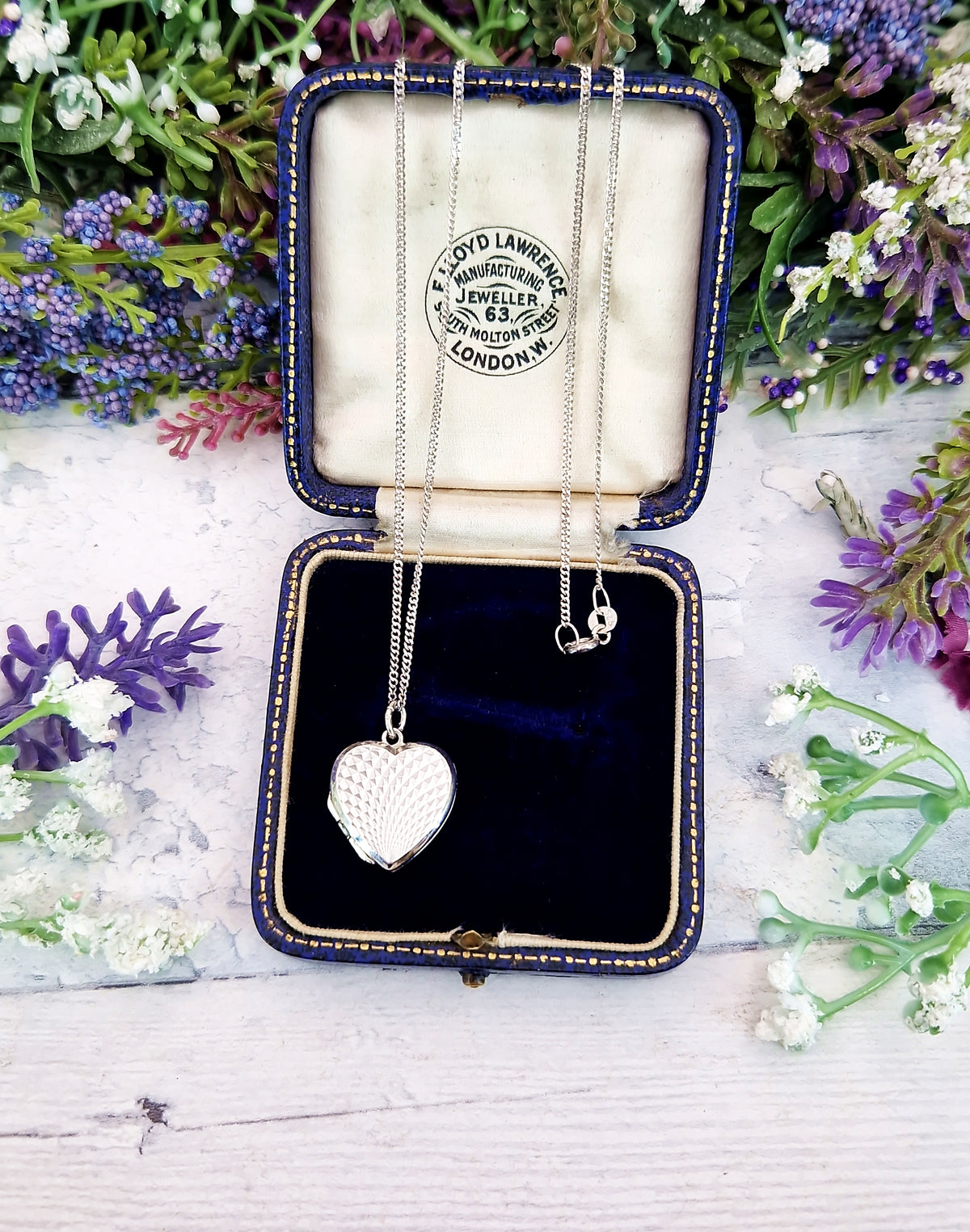 Antique Art Deco Sterling Silver Diamond Cut Checkered Love Heart Locket Pendant Necklace
