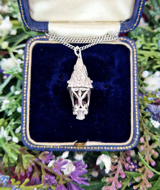 Vintage Sterling Silver Ornate Large Fantasy Lantern Pendant with Red Garnet