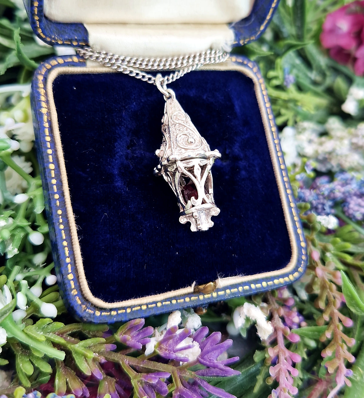 Vintage Sterling Silver Ornate Large Fantasy Lantern Pendant with Red Garnet