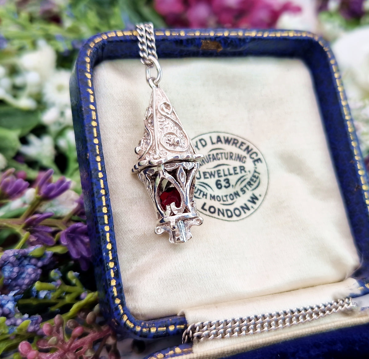 Vintage Sterling Silver Ornate Large Fantasy Lantern Pendant with Red Garnet