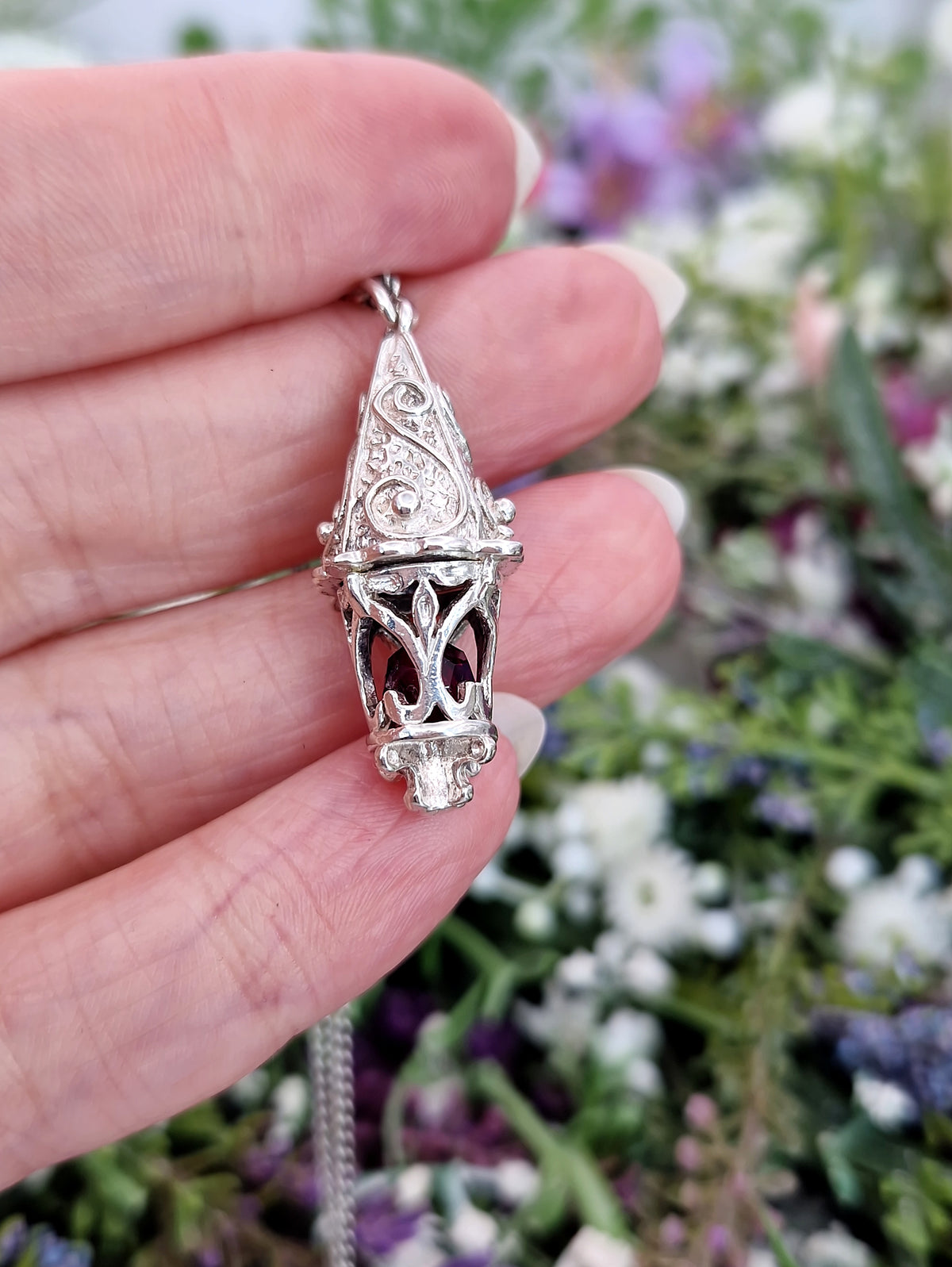 Vintage Sterling Silver Ornate Large Fantasy Lantern Pendant with Red Garnet