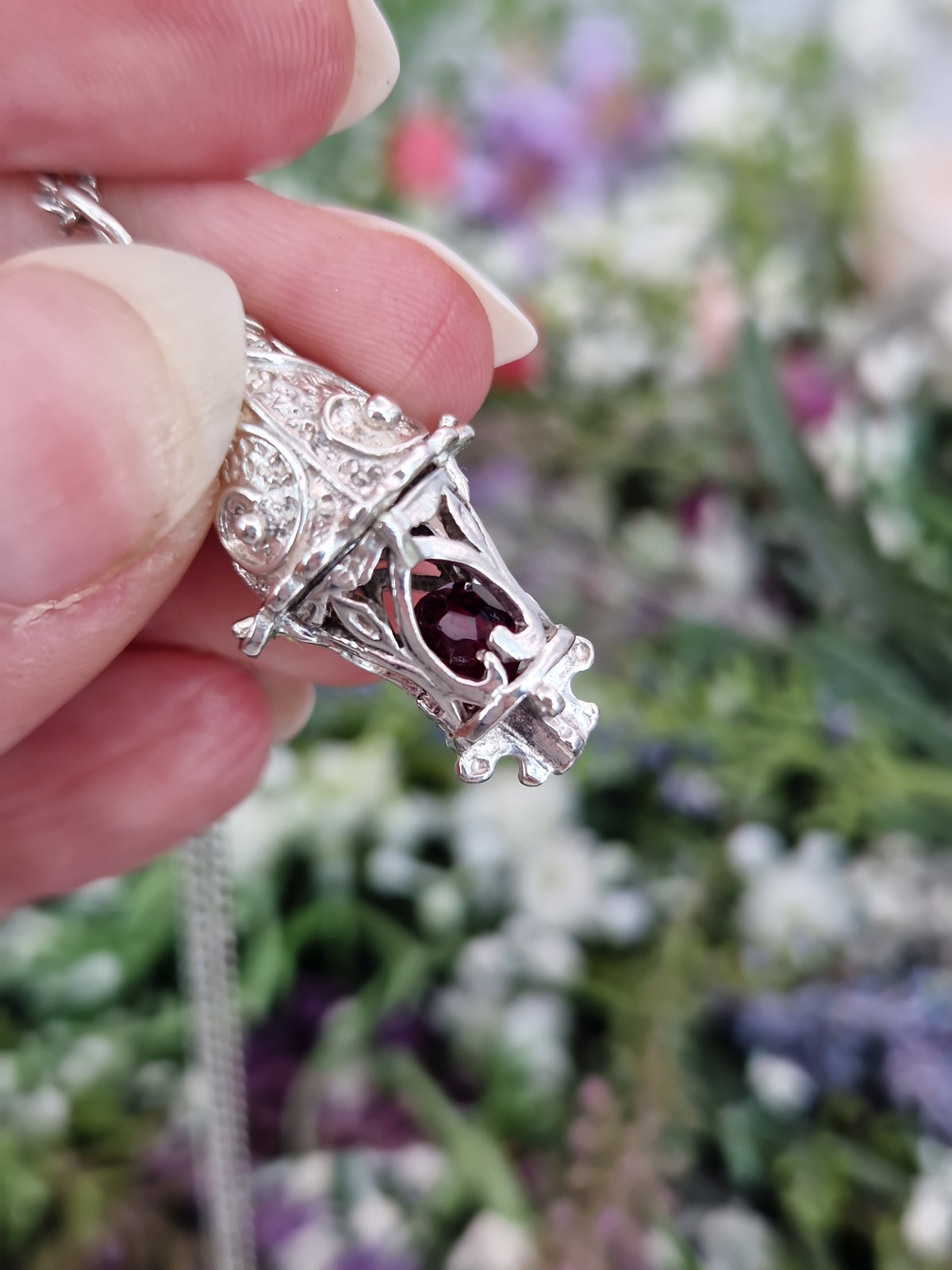 Vintage Sterling Silver Ornate Large Fantasy Lantern Pendant with Red Garnet