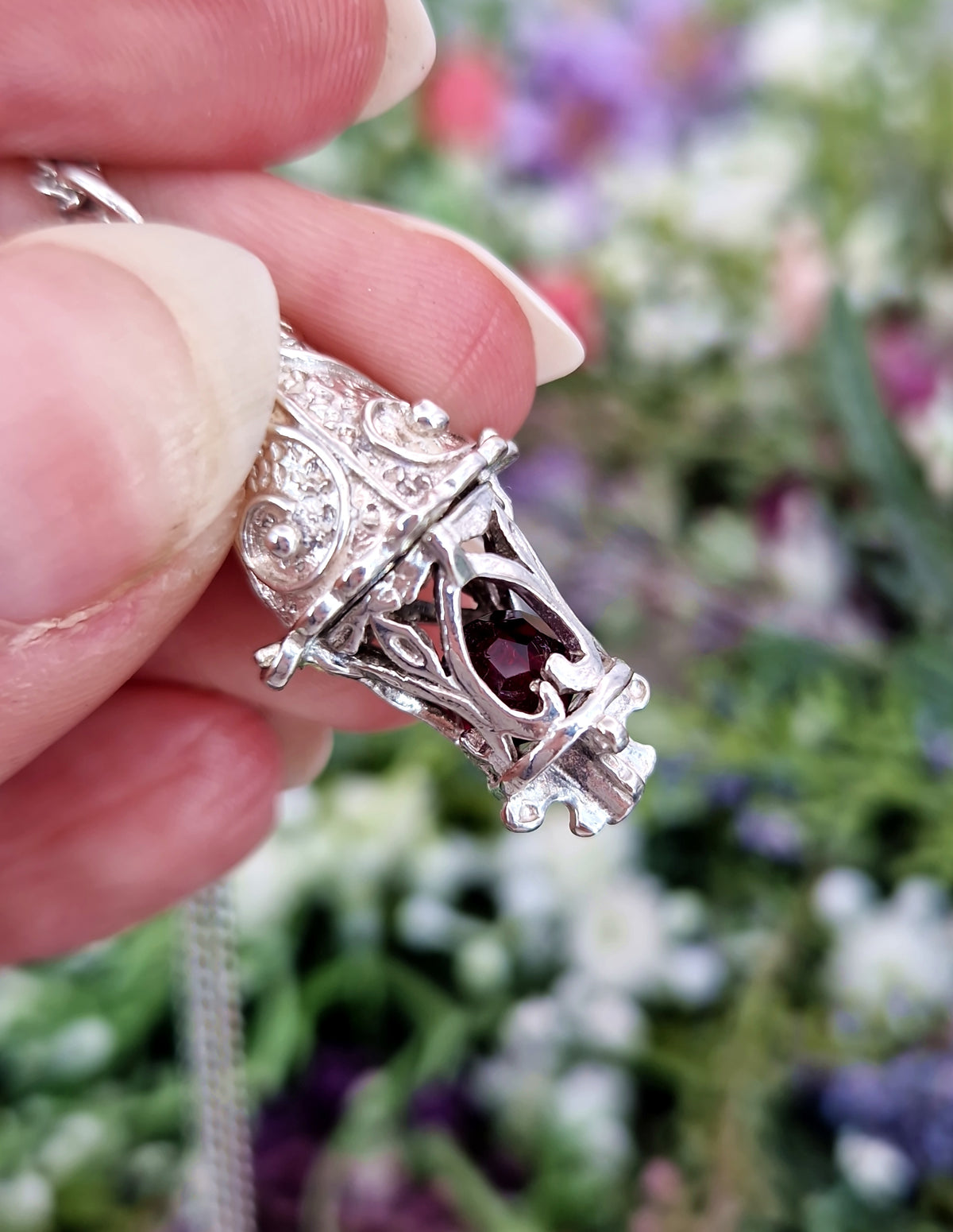 Vintage Sterling Silver Ornate Large Fantasy Lantern Pendant with Red Garnet