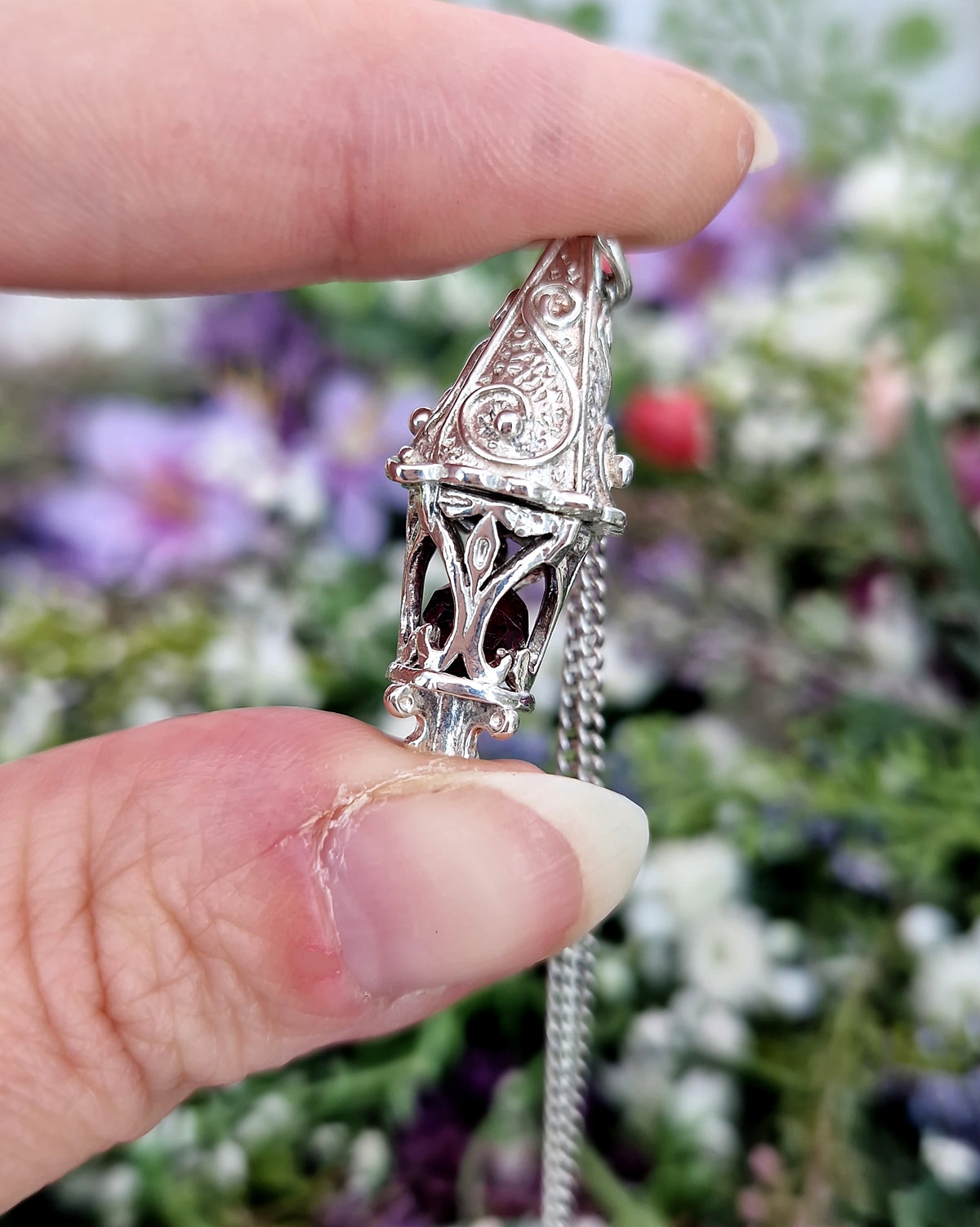 Vintage Sterling Silver Ornate Large Fantasy Lantern Pendant with Red Garnet