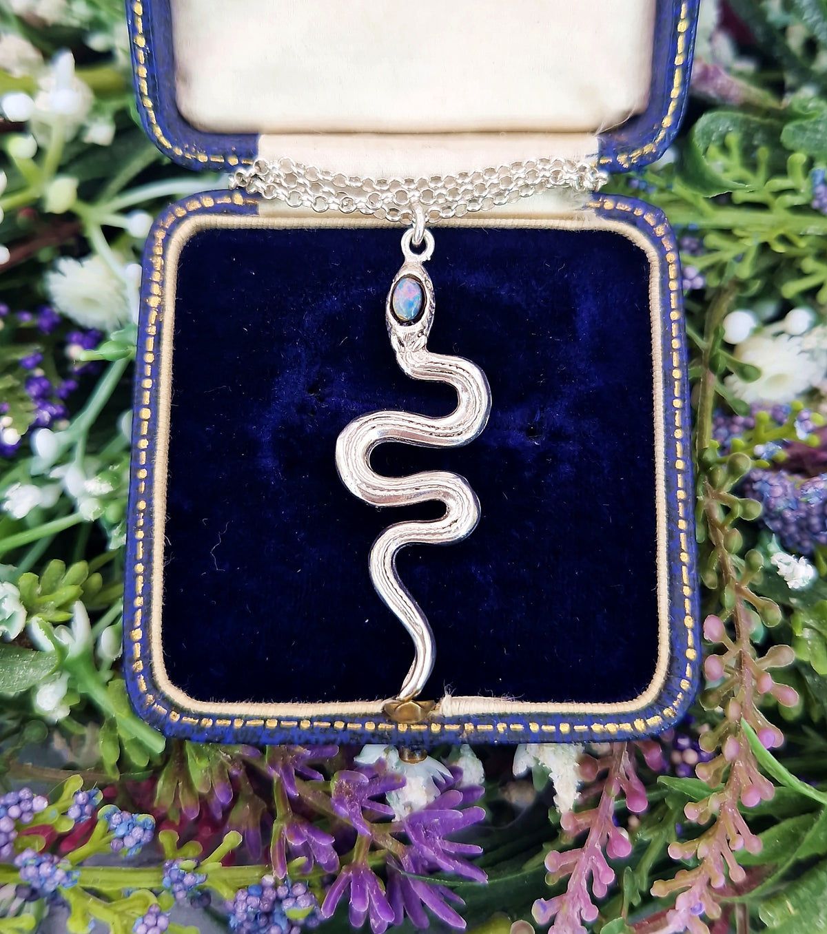Vintage Sterling Silver Large Opal Triplet Snake Pendant Necklace