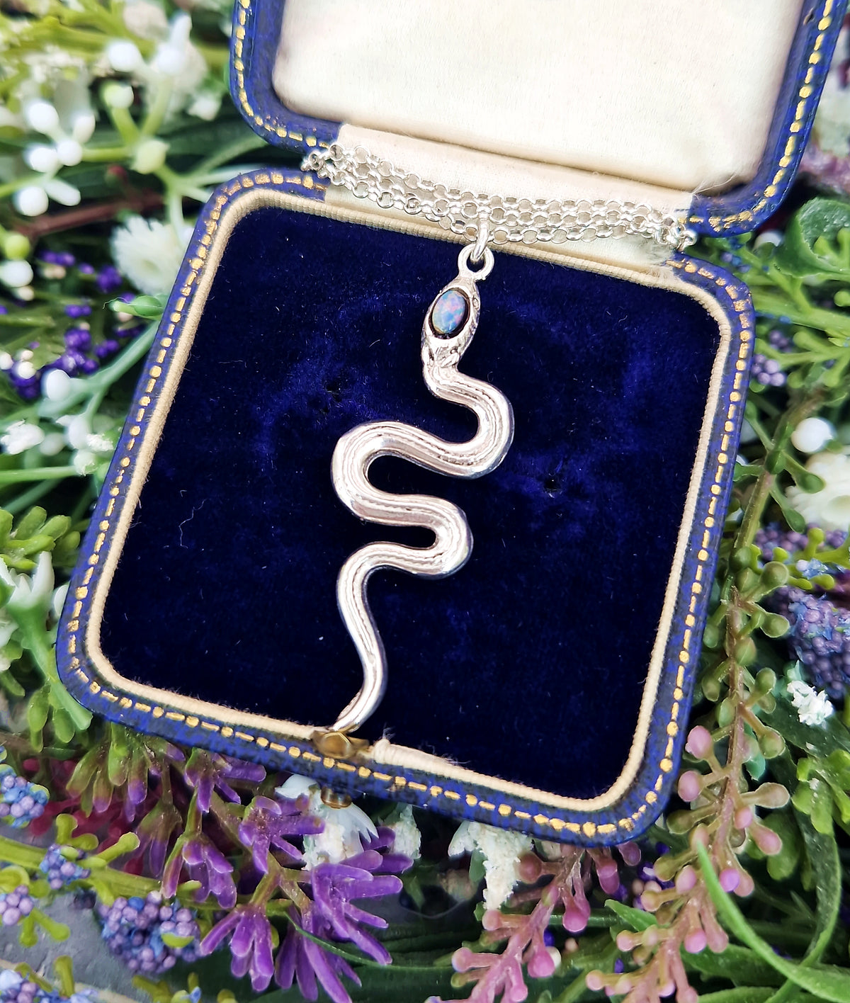 Vintage Sterling Silver Large Opal Triplet Snake Pendant Necklace