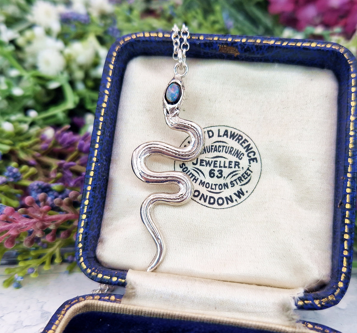 Vintage Sterling Silver Large Opal Triplet Snake Pendant Necklace