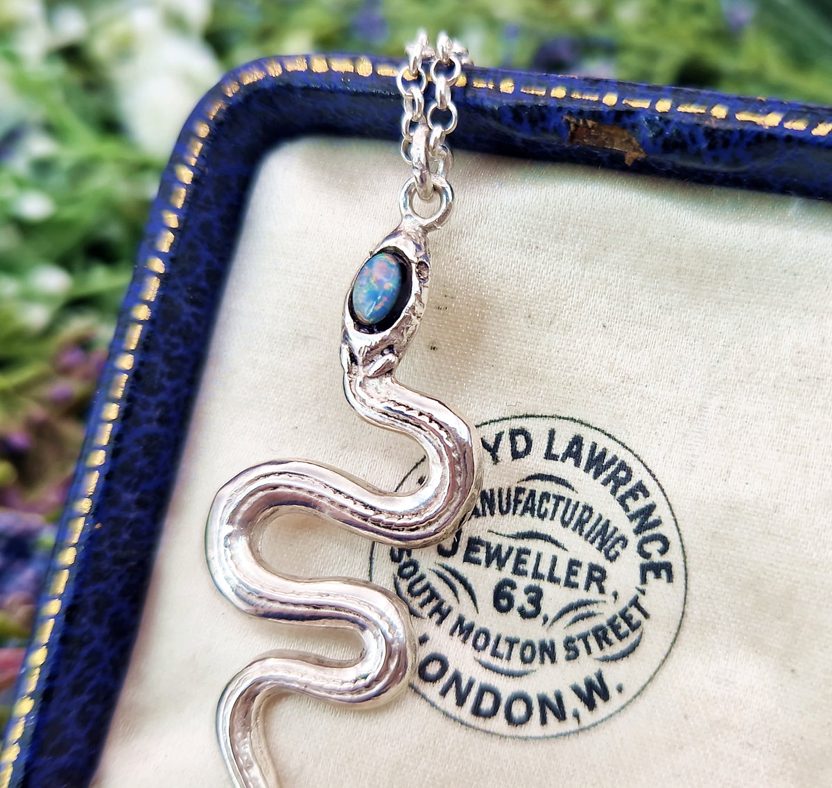 Vintage Sterling Silver Large Opal Triplet Snake Pendant Necklace