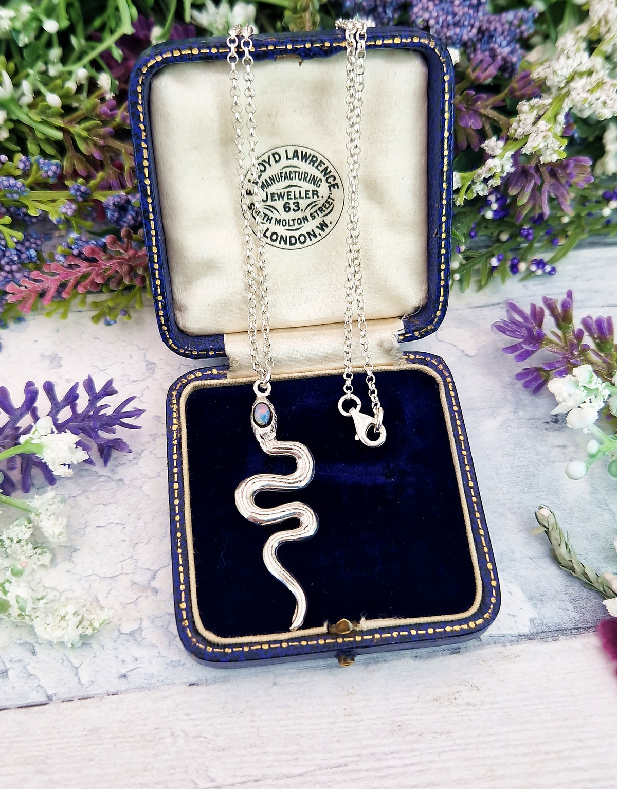 Vintage Sterling Silver Large Opal Triplet Snake Pendant Necklace