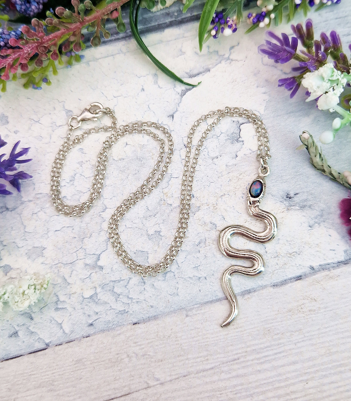 Vintage Sterling Silver Large Opal Triplet Snake Pendant Necklace
