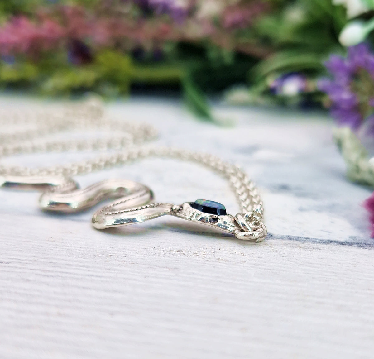 Vintage Sterling Silver Large Opal Triplet Snake Pendant Necklace