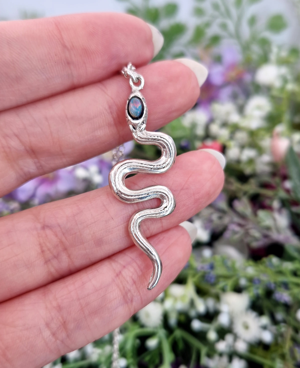 Vintage Sterling Silver Large Opal Triplet Snake Pendant Necklace