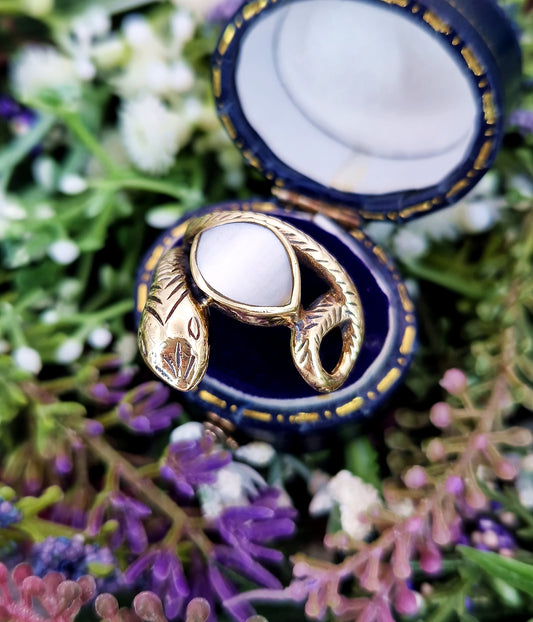 Vintage 1970's Gold Tone Victorian Revival Mother of Pearl Coiled Snake Ring / Size Q or 8.5